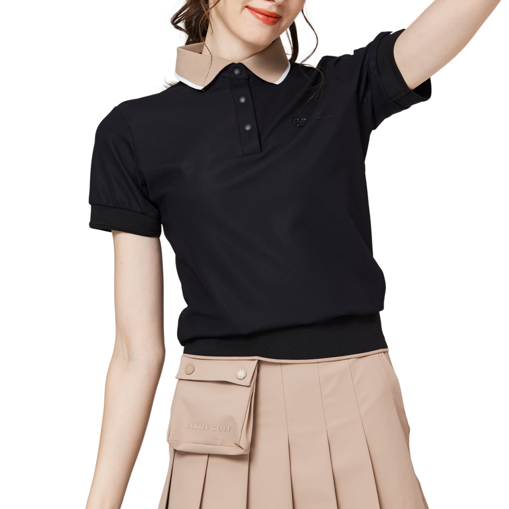 Loose-fitting ribbed hem collared short-sleeved top for women