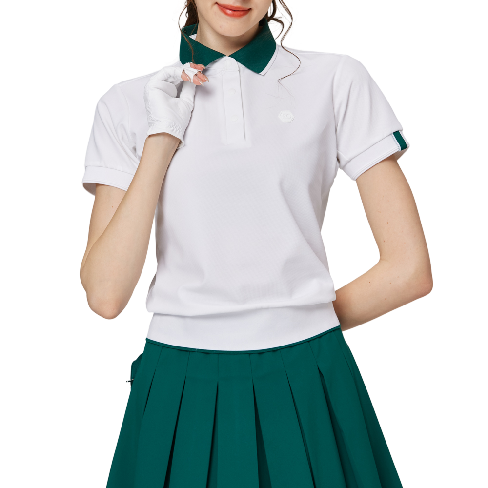 Loose-fitting ribbed hem collared short-sleeved top for women