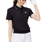 Women's short-sleeved top with full perforation, breathable collar, and gathered hem.