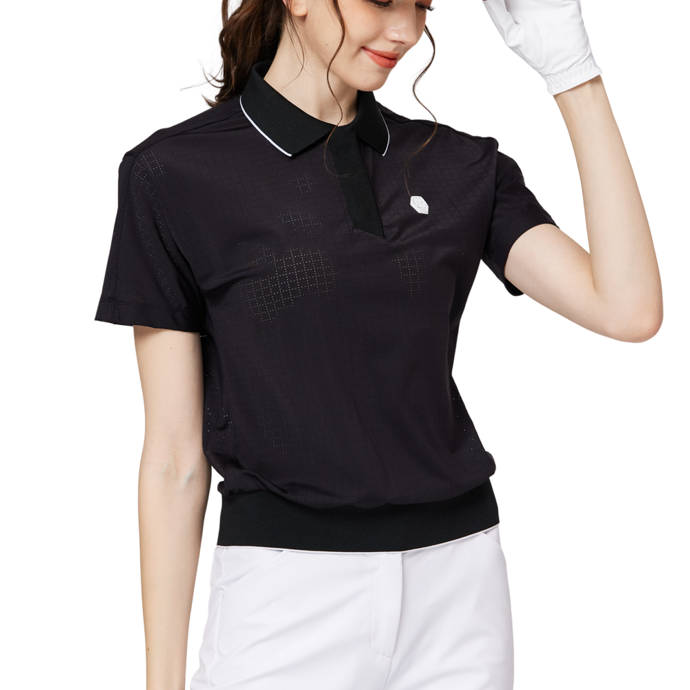 Women's short-sleeved top with full perforation, breathable collar, and gathered hem.