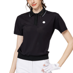 Women's short-sleeved top with full perforation, breathable collar, and gathered hem.