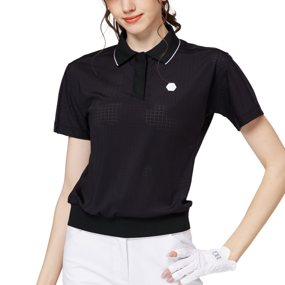Women's short-sleeved top with full perforation, breathable collar, and gathered hem.