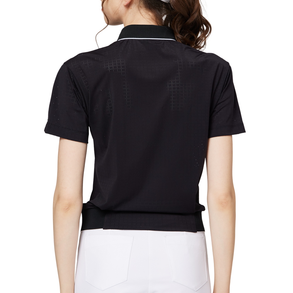 Women's short-sleeved top with full perforation, breathable collar, and gathered hem.