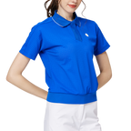 Women's short-sleeved top with full perforation, breathable collar, and gathered hem.