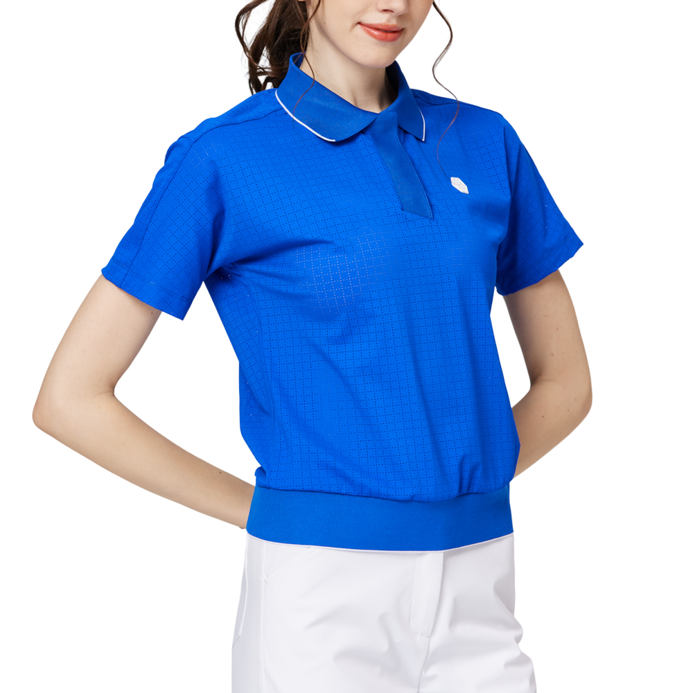 Women's short-sleeved top with full perforation, breathable collar, and gathered hem.