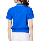 Women's short-sleeved top with full perforation, breathable collar, and gathered hem.