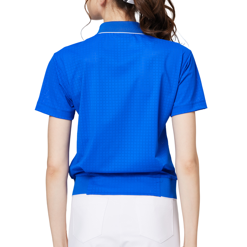 Women's short-sleeved top with full perforation, breathable collar, and gathered hem.