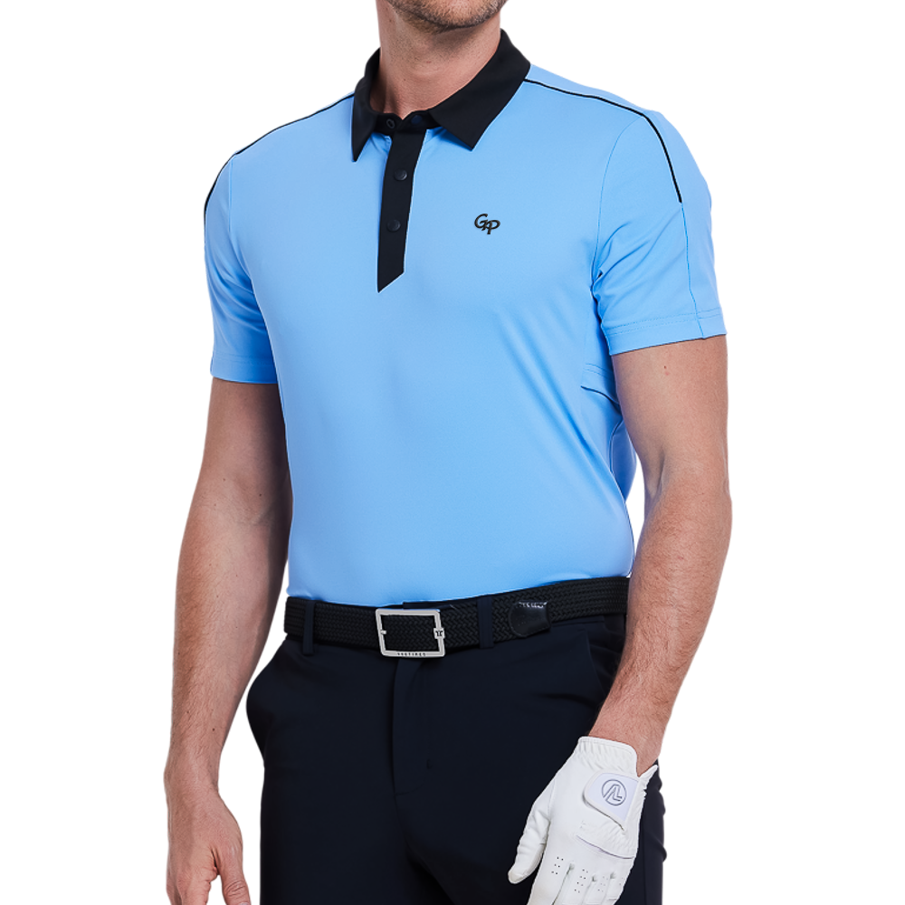 Men's color-blocked collar cool-feel short-sleeved shirt (light blue)