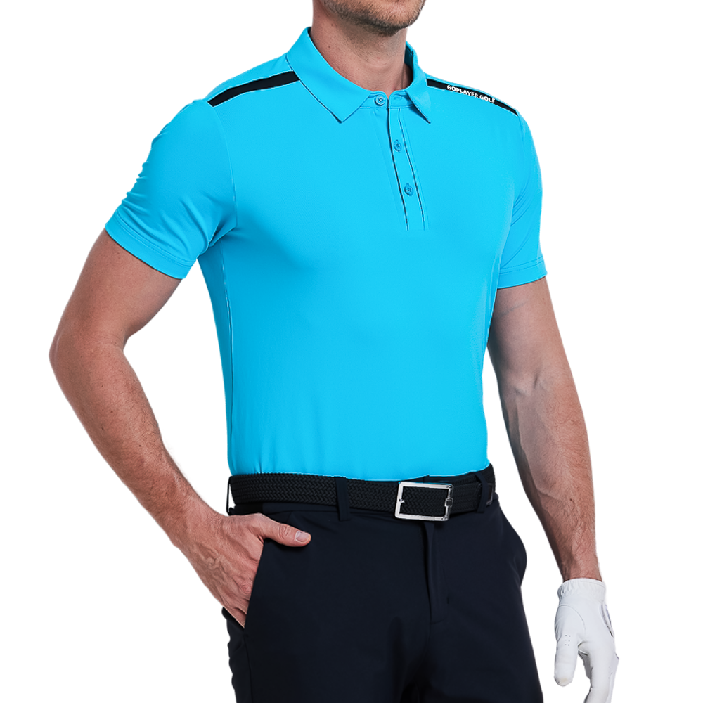 男撞色肩短袖(湖藍)