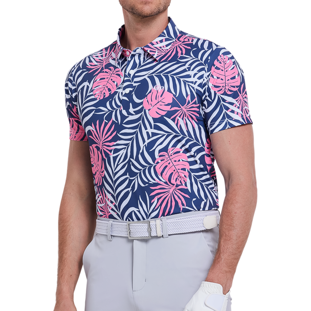 Male celebrity Kong's breathable printed short-sleeved shirt (royal blue and magenta)