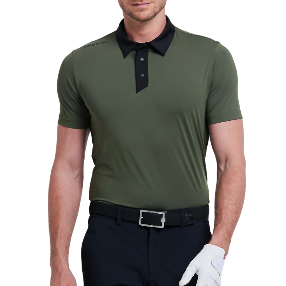 Men's color-blocked collar cool-feel short-sleeved shirt (dark military green)