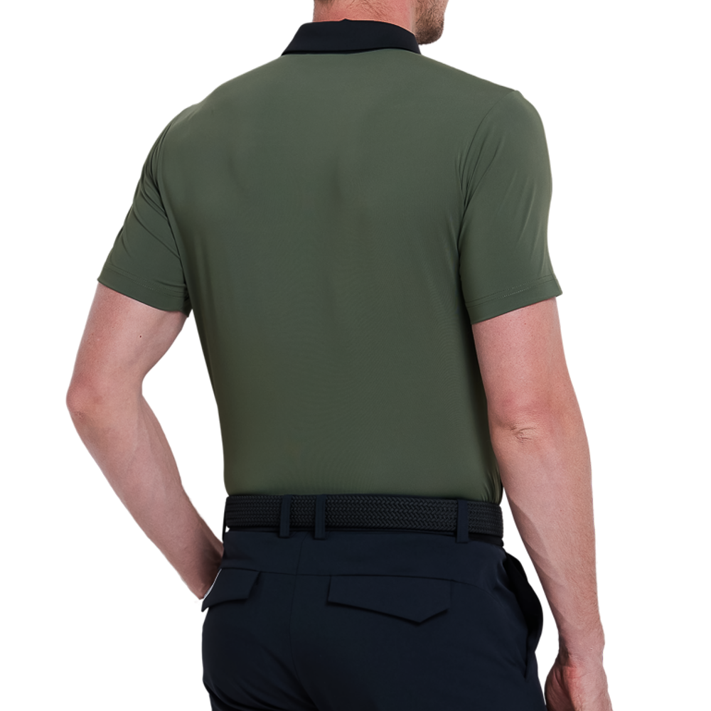 Men's color-blocked collar cool-feel short-sleeved shirt (dark military green)