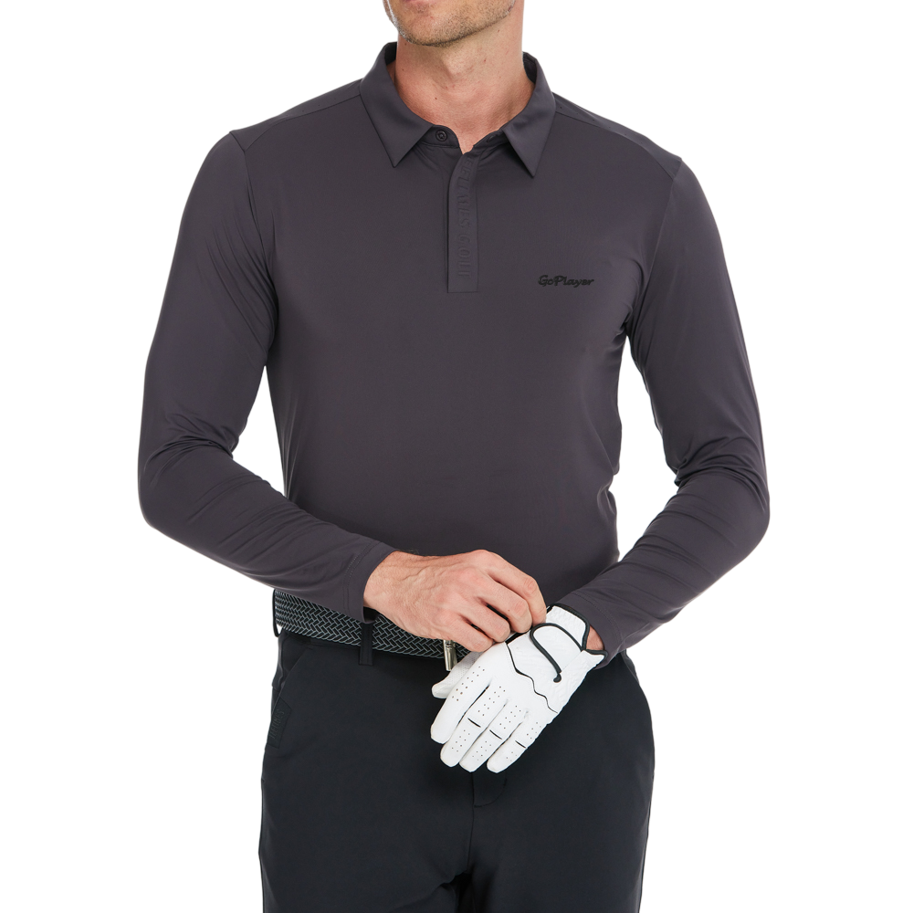 Men's Cool-Feel Long-Sleeve Polo Shirt (Dark Brown/Gray)