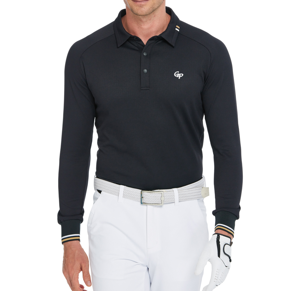 Men's Soft Gloss Long-Sleeved Collared Top (Black)