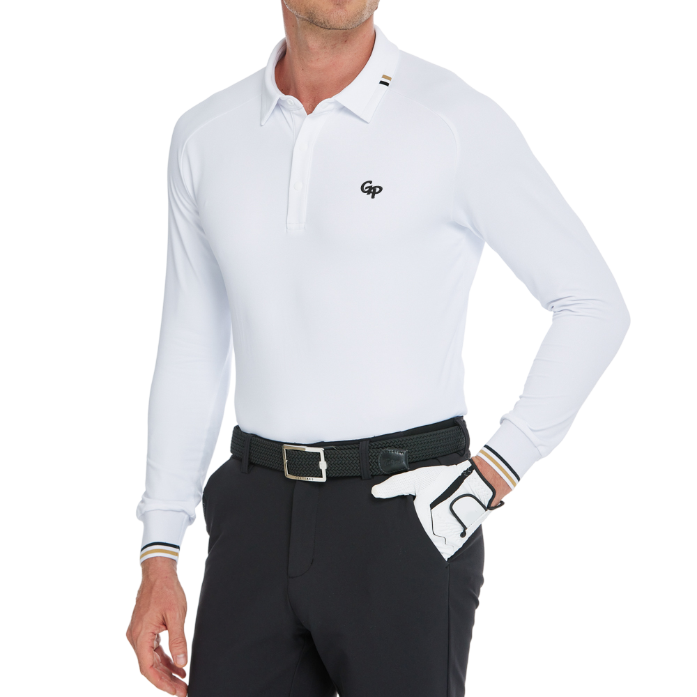 Men's Soft Gloss Long-Sleeved Collared Top (White)