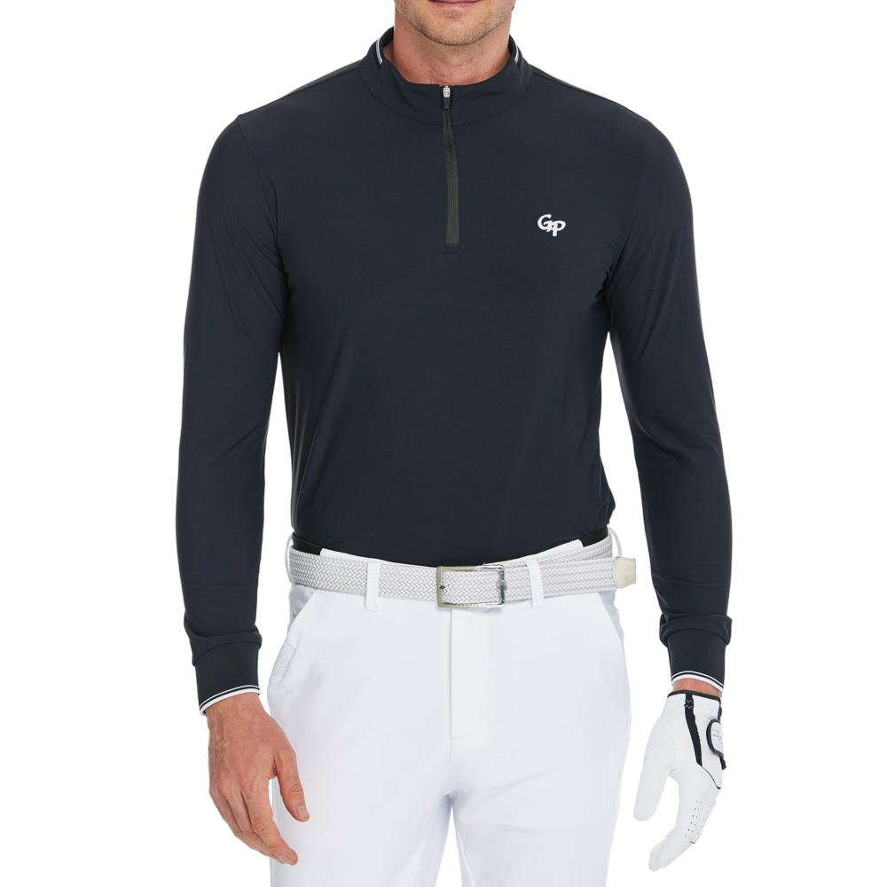 Men's Matte Brushed Elastic Fabric Stand Collar Long Sleeve (Black)