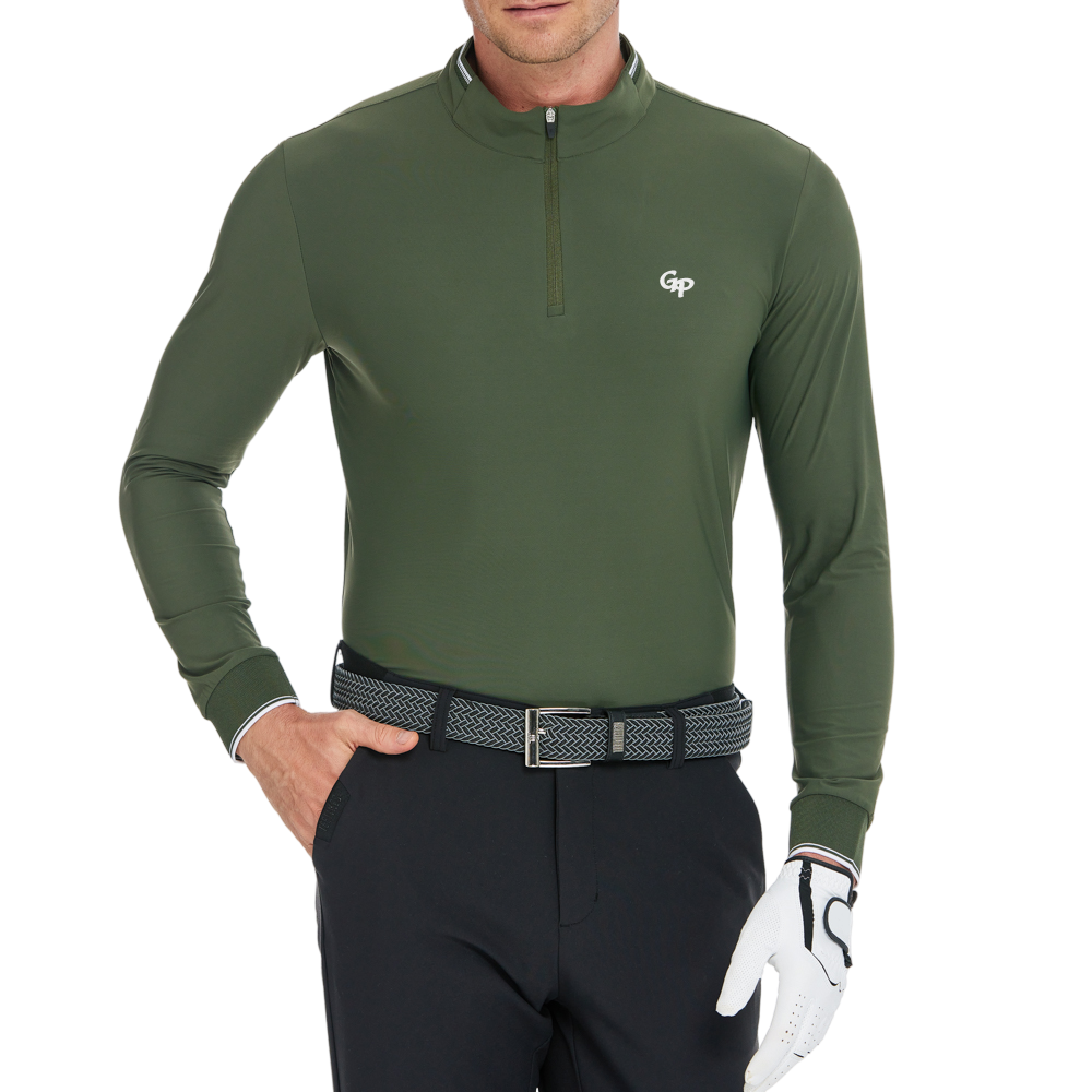 Men's Matte Brushed Elastic Fabric Stand Collar Long-Sleeve (Army Green)