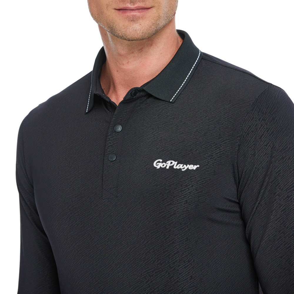 Men's Dark Pattern Jacquard Polo Collar Long Sleeve (Black)