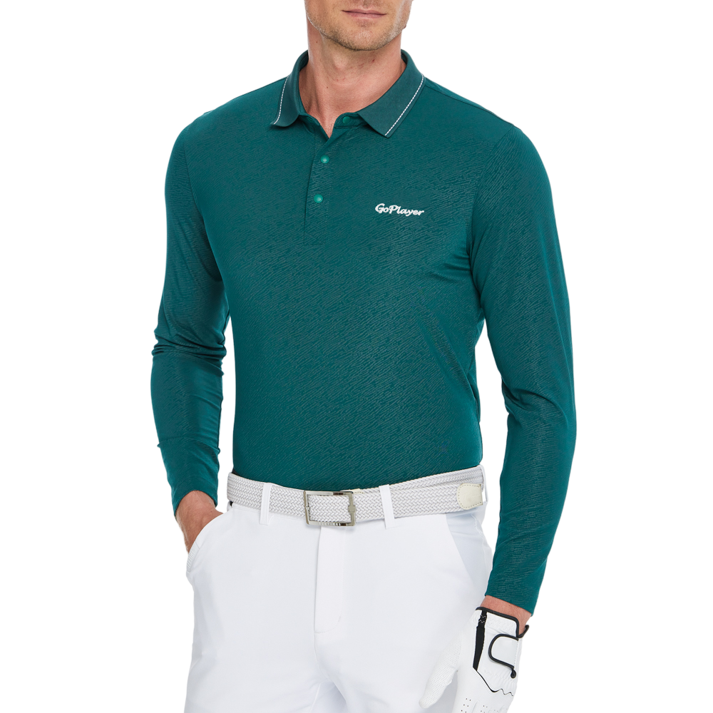 Men's Dark Green Jacquard Polo Collar Long-Sleeve