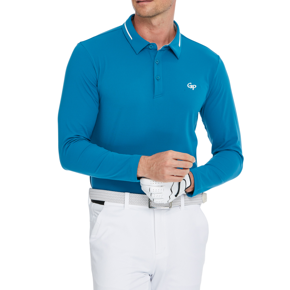 Men's cotton-feel striped long-sleeved shirt with a turn-down collar (dark blue)