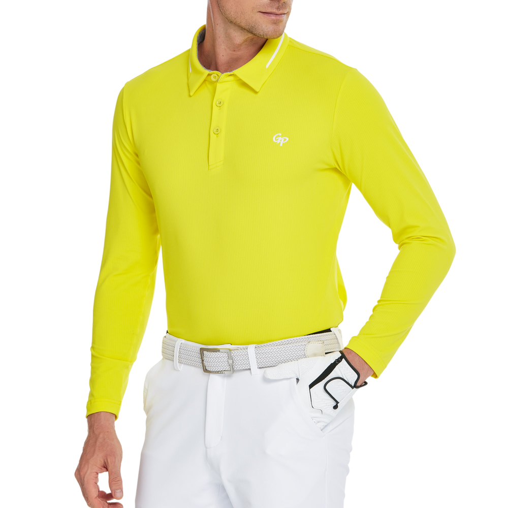 Men's cotton-feel striped long-sleeved shirt with a turn-down collar (yellow)